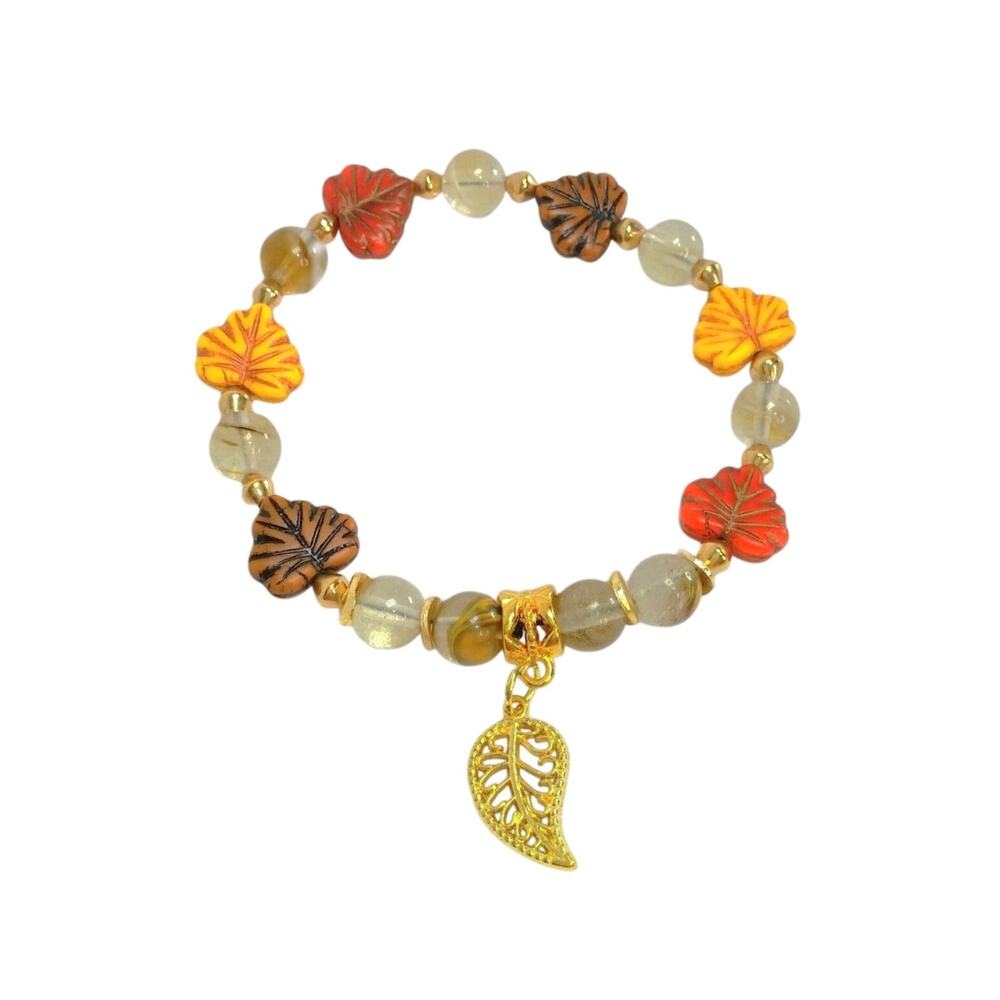 Boho Czech Glass Charm Bracelet Engraved Leaves Beaded Gold Tone Stretch Earthy